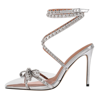 Bow Rivet Pointed Toe Cross Ankle Strap Pumps | Onlymaker Best Price