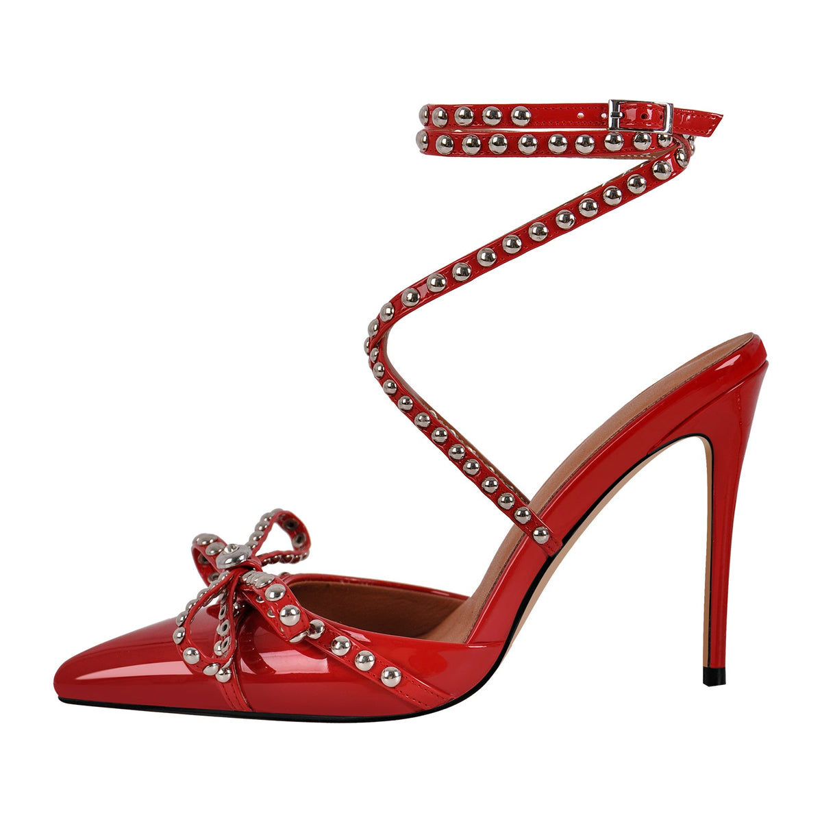 Bow Rivet Pointed Toe Cross Ankle Strap Pumps | Onlymaker Best Price