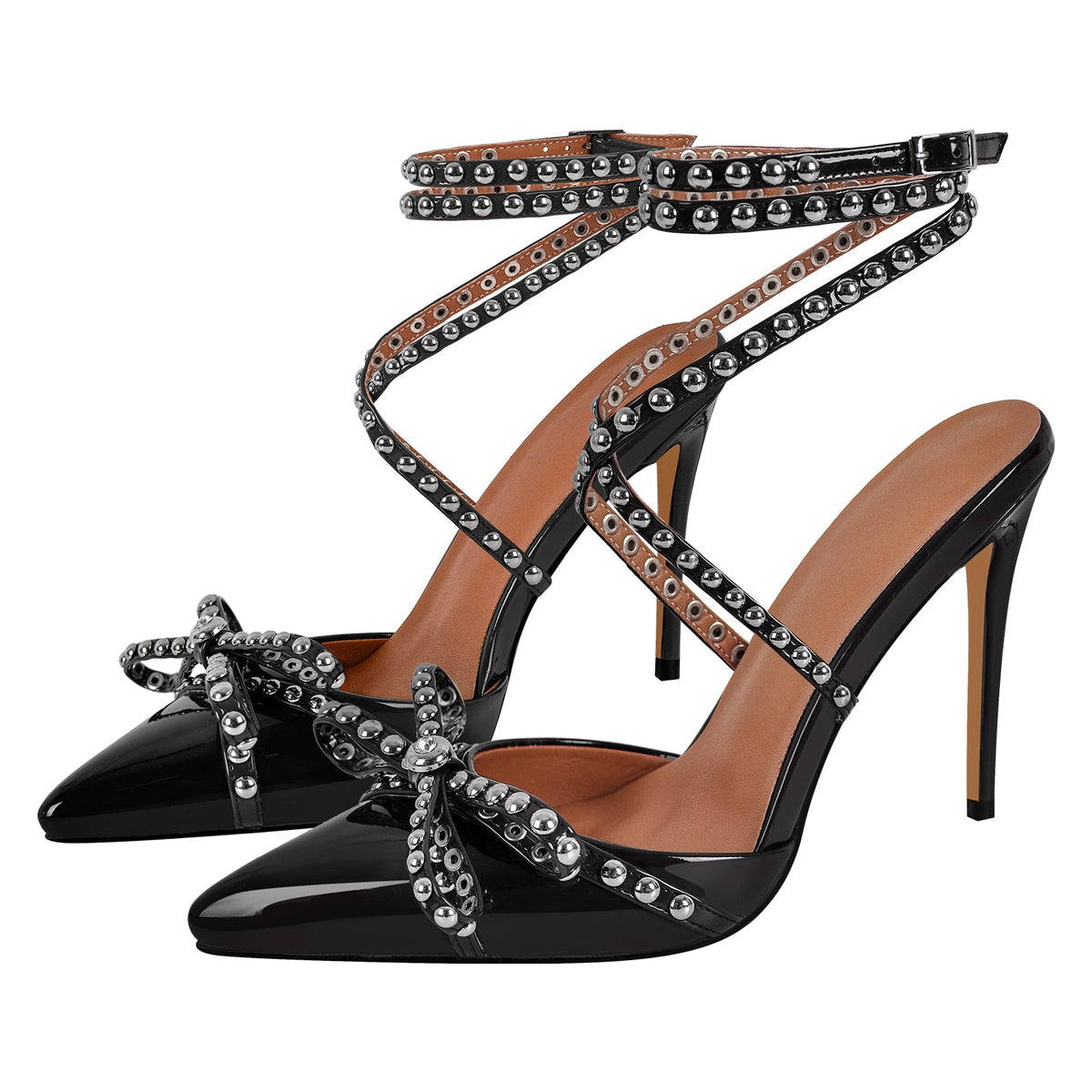 Bow Rivet Pointed Toe Cross Ankle Strap Pumps | Onlymaker Best Price