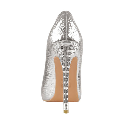 Silver Pointed Toe Stone High Heels Stiletto Pumps | Onlymaker Everyday