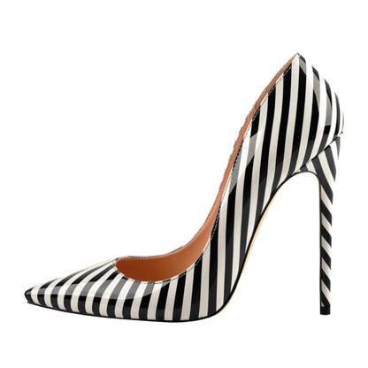 Black White Stripes Pointed Toe High Heel Pumps | Onlymaker Trending