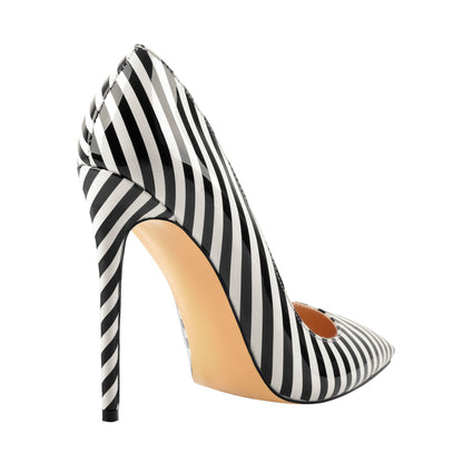 Black White Stripes Pointed Toe High Heel Pumps | Onlymaker Trending