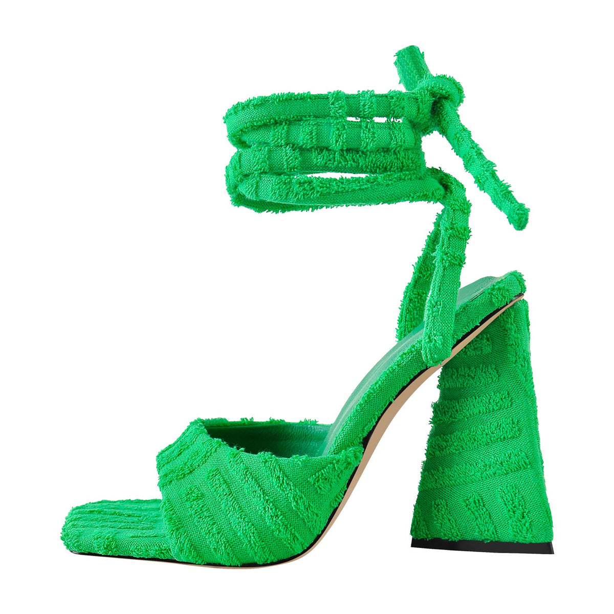 Square Toe Towelling Lace Up Chunky Heel Sandals | Onlymaker New