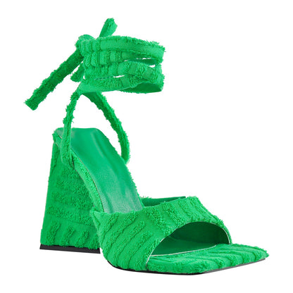 Square Toe Towelling Lace Up Chunky Heel Sandals | Onlymaker New