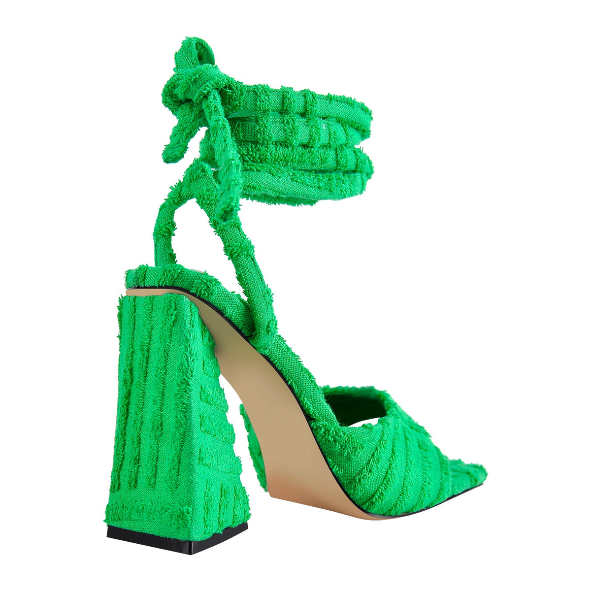 Square Toe Towelling Lace Up Chunky Heel Sandals | Onlymaker New