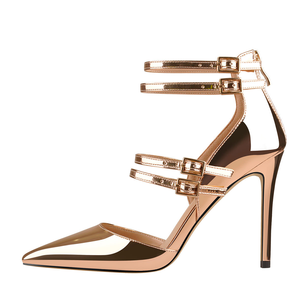 Golden Pointed Toe Double Buckle Strap High Heels Pumps | Onlymaker New