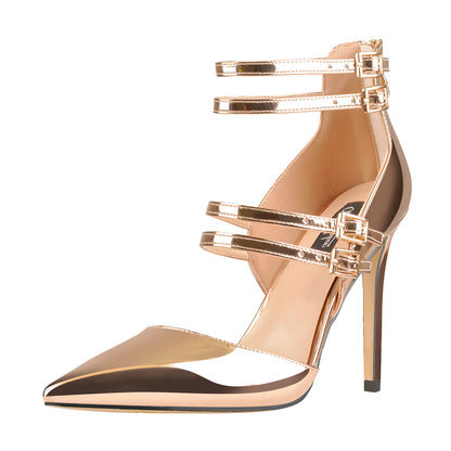 Golden Pointed Toe Double Buckle Strap High Heels Pumps | Onlymaker New