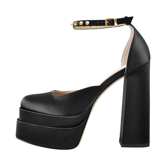Double Platform Rivets Ankle Strap Chunky Heel D'Orsay Pumps | Onlymaker Discount