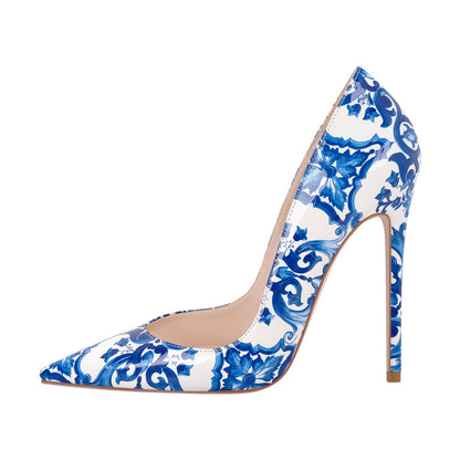 Blue and White Pattern Pointed Toe Pumps | Onlymaker Special Offer
