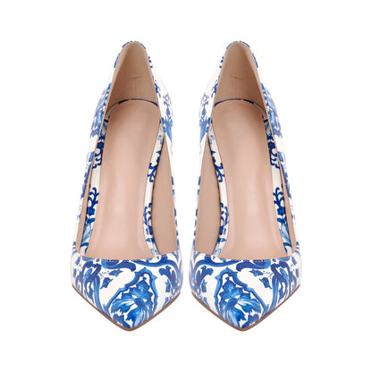 Blue and White Pattern Pointed Toe Pumps | Onlymaker Special Offer