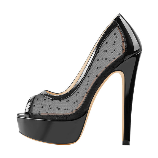 Peep Toe Black Platform Grid High Heel Stiletto Pumps | Onlymaker Top Pick