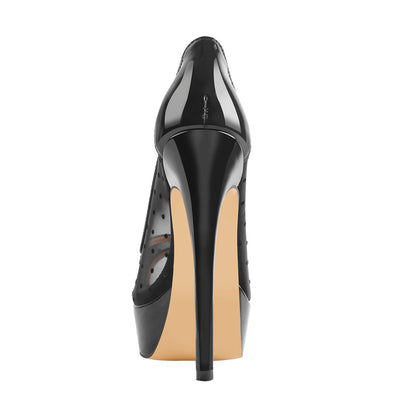 Peep Toe Black Platform Grid High Heel Stiletto Pumps | Onlymaker Top Pick