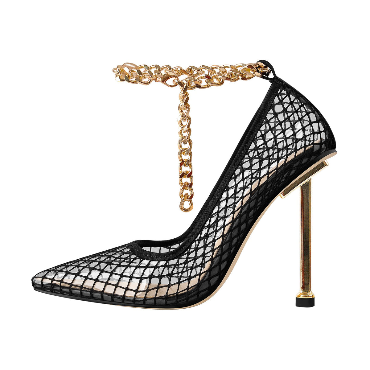 Black Fishnet Pointed Toe Ankle Metal Chain Pumps | Onlymaker Best Seller