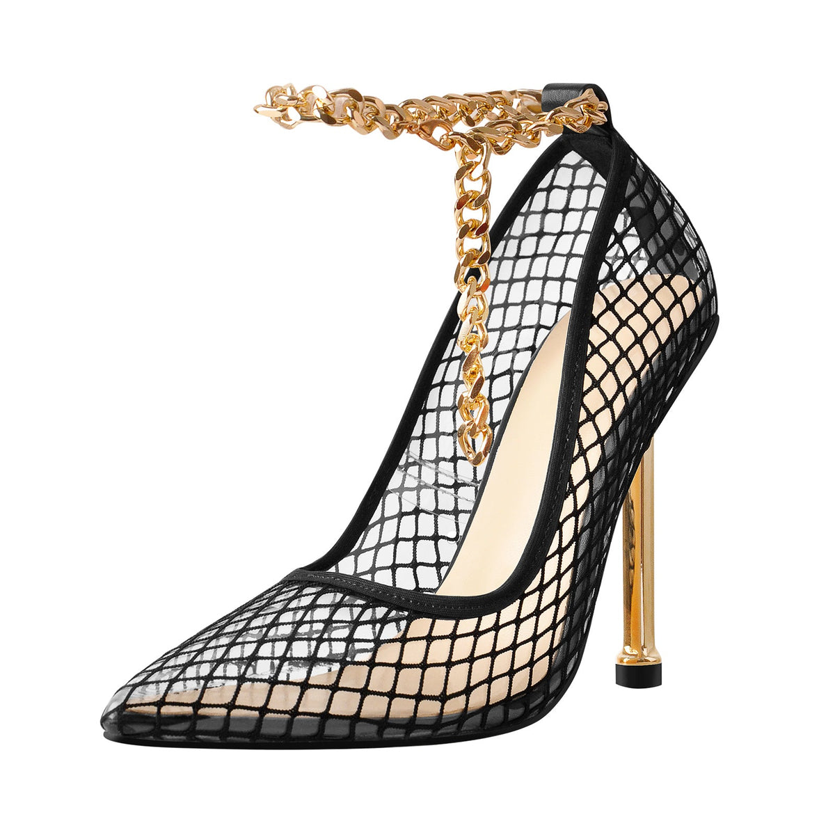 Black Fishnet Pointed Toe Ankle Metal Chain Pumps | Onlymaker Best Seller