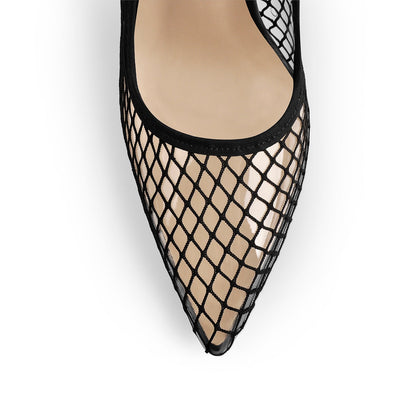 Black Fishnet Pointed Toe Ankle Metal Chain Pumps | Onlymaker Best Seller