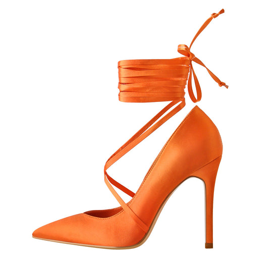 Orange Satin Strap High Heels Stiletto Pumps | Onlymaker Premium