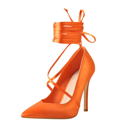 Orange Satin Strap High Heels Stiletto Pumps | Onlymaker Premium