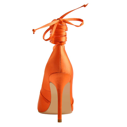 Orange Satin Strap High Heels Stiletto Pumps | Onlymaker Premium
