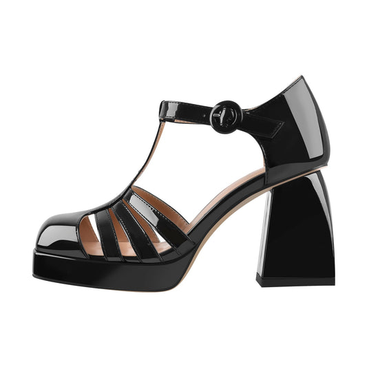 Square Patent Black Chunky Heels Pumps | Onlymaker Special Offer