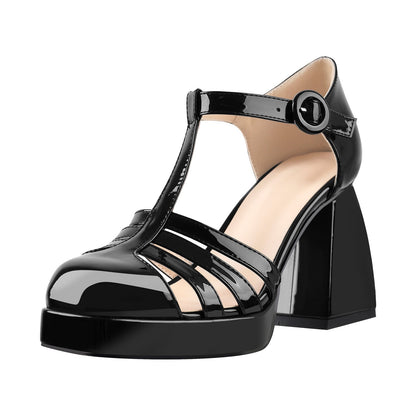 Square Patent Black Chunky Heels Pumps | Onlymaker Special Offer
