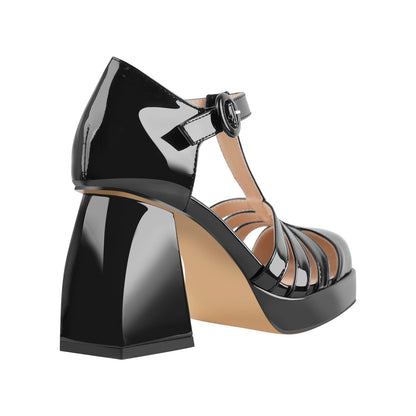 Square Patent Black Chunky Heels Pumps | Onlymaker Special Offer
