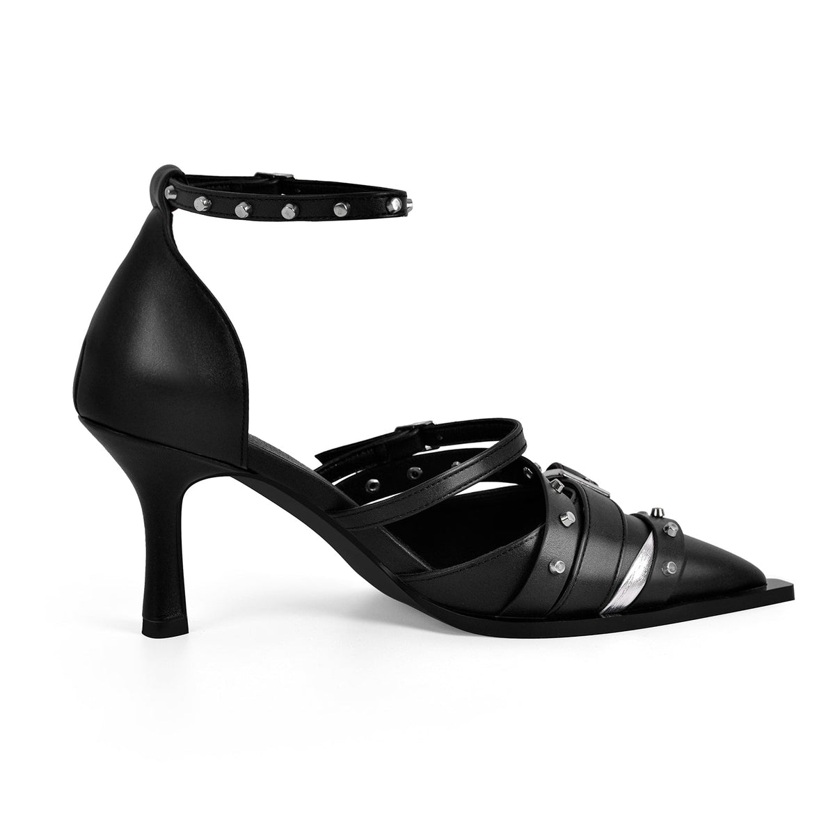 Pointed Toe Rivet Buckle Ankle Strap Pumps | Onlymaker Everyday