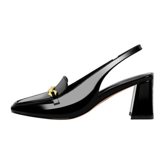 Square Toe Metal Chain Chunky Heel Slingback Pumps | Onlymaker Essential