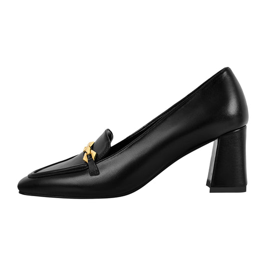 Metal Chain Square Toe Chunky Heel Pumps | Onlymaker New