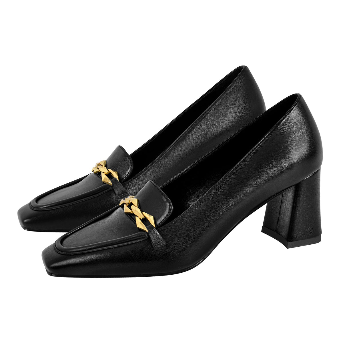Metal Chain Square Toe Chunky Heel Pumps | Onlymaker New