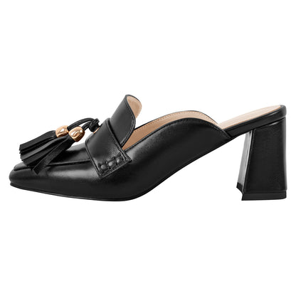 Square Toe Fringe Chunky Heel Mules | Onlymaker New