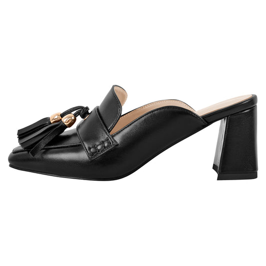 Square Toe Fringe Chunky Heel Mules | Onlymaker New