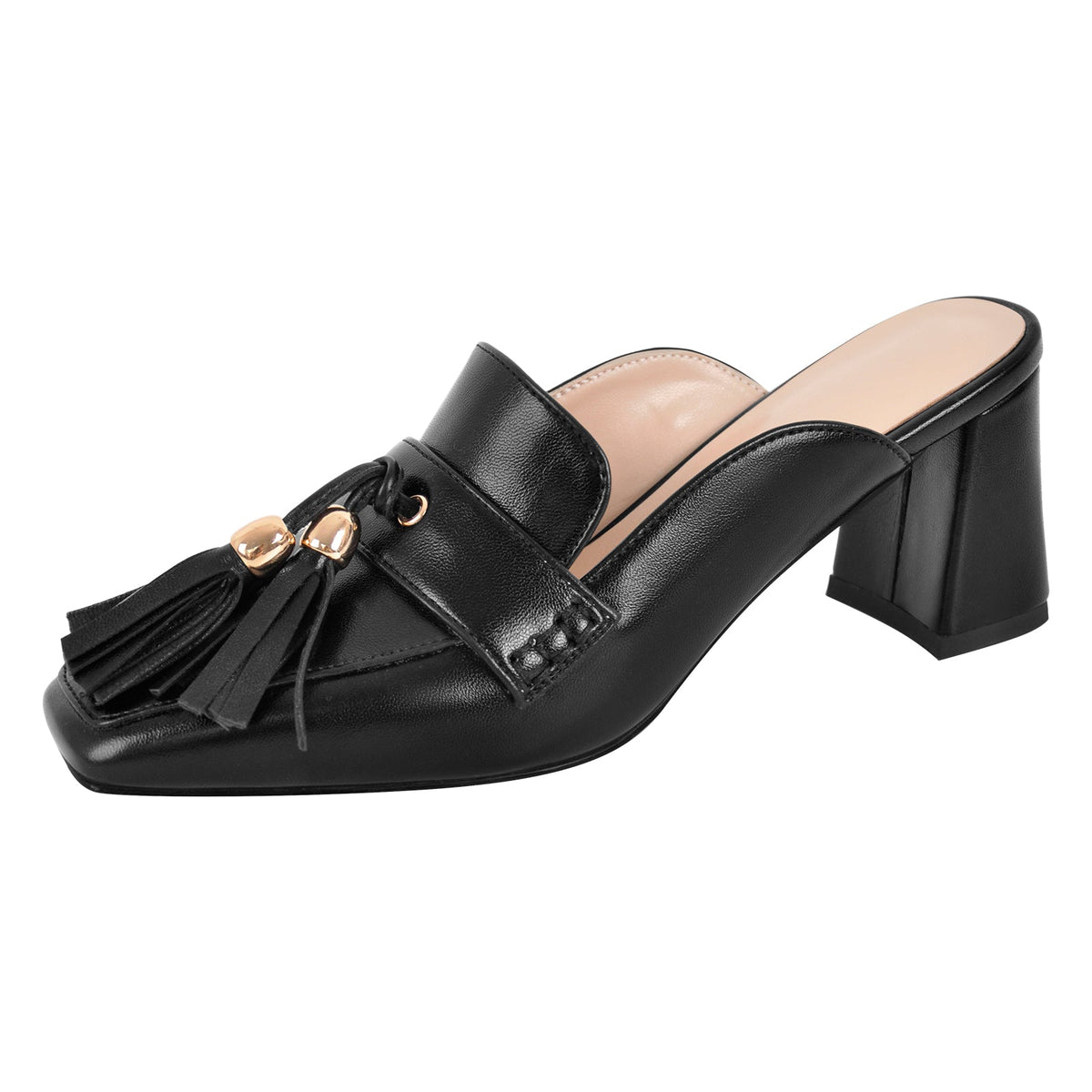 Square Toe Fringe Chunky Heel Mules | Onlymaker New
