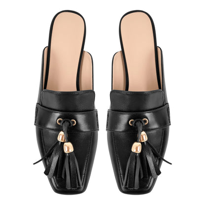 Square Toe Fringe Chunky Heel Mules | Onlymaker New