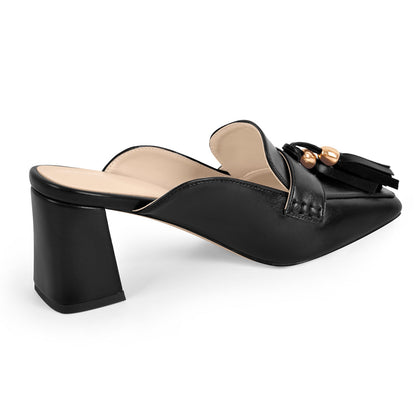 Square Toe Fringe Chunky Heel Mules | Onlymaker New
