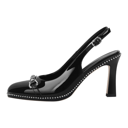 Pointed Toe Rivet Metal Buckle Slingback Pumps | Onlymaker Featured