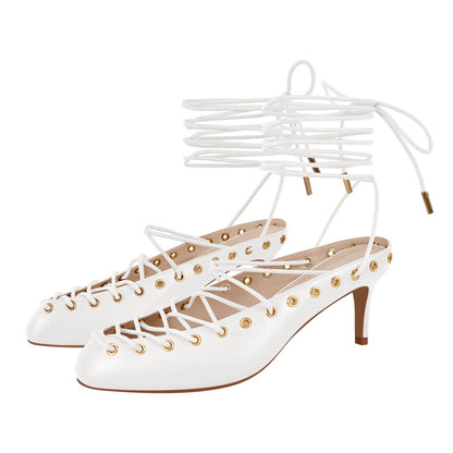 Round Toe Lace-up Mule High Heels | Onlymaker Popular