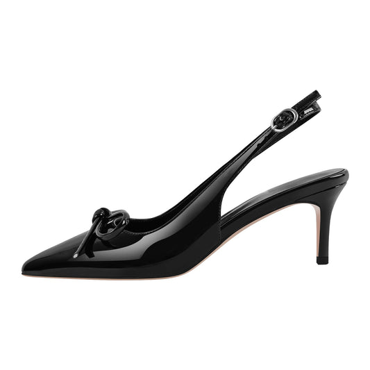 Bow Pointed Toe Patent Leather Slingback Pumps | Onlymaker Signature
