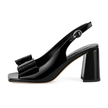 Open Toe Bow Slingback Chunky Heel Pumps | Onlymaker Smart Buy
