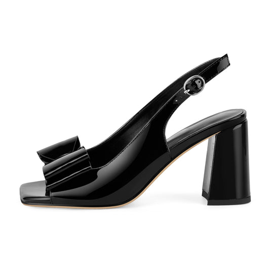 Open Toe Bow Slingback Chunky Heel Pumps | Onlymaker Smart Buy