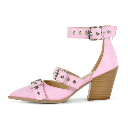 Pointed Toe Buckles Ankle Strap Chunky Heels | Onlymaker Recommended