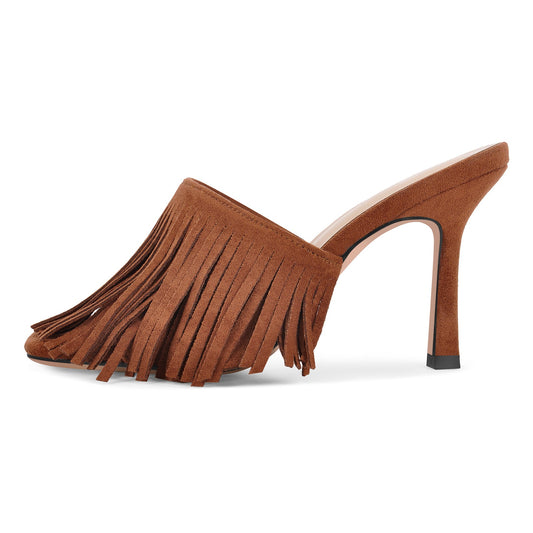 Square Toe Fringe Stiletto Mules | Onlymaker New