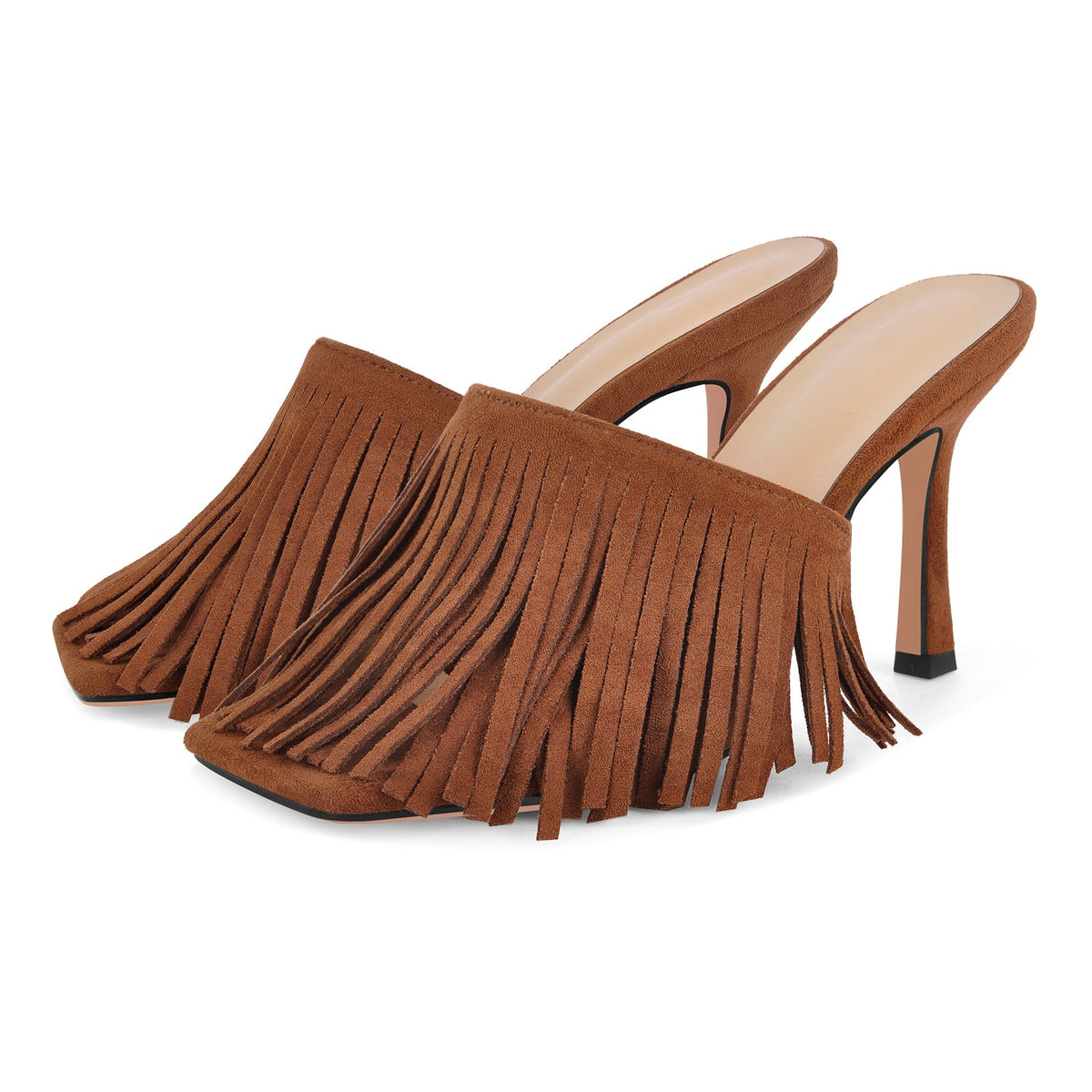 Square Toe Fringe Stiletto Mules | Onlymaker New