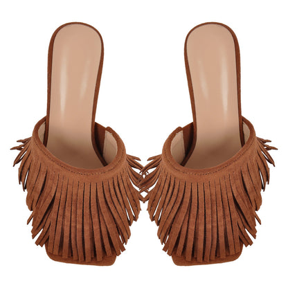 Square Toe Fringe Stiletto Mules | Onlymaker New