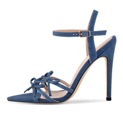 Denim Pointed Toe Bow Buckle Strap Sandals | Onlymaker Best Seller