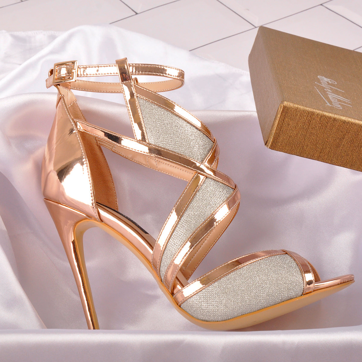 Champagne Gold Metallic Luster Glitter Cut Out Sandals | Onlymaker Exclusive