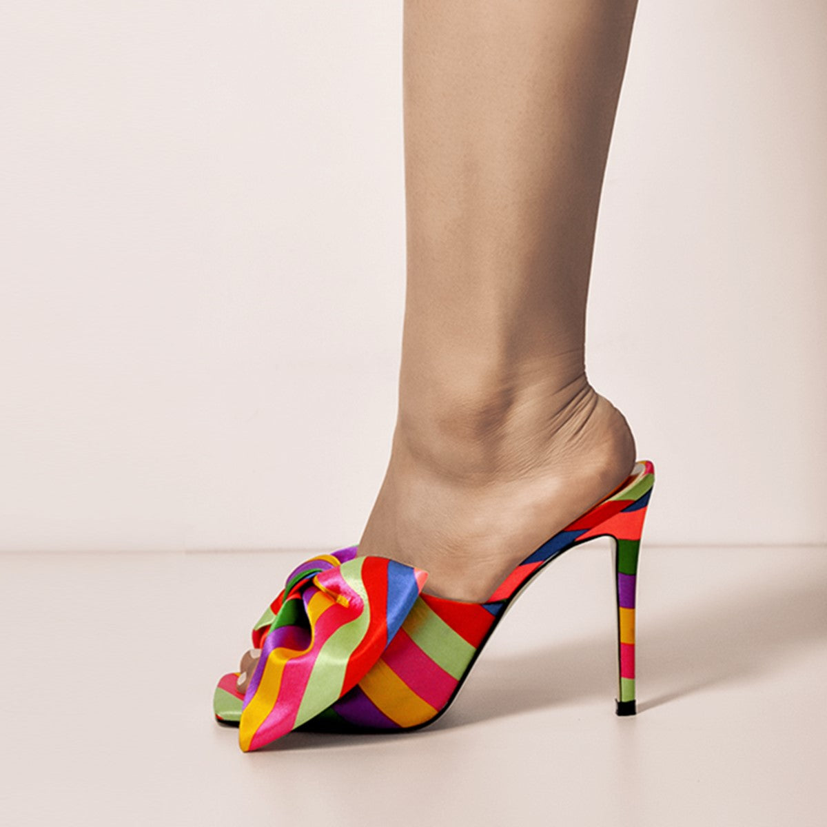 Colour Bow Leather Square Toe High Stiletto Heels Sandals | Onlymaker Essential