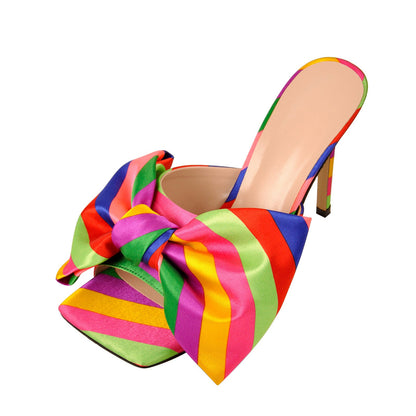 Colour Bow Leather Square Toe High Stiletto Heels Sandals | Onlymaker Essential