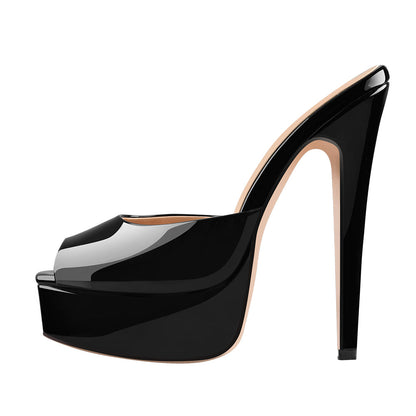 Peep Toe Black Patent Leather Stiletto High Heel Mules Sandals | Onlymaker Best Seller