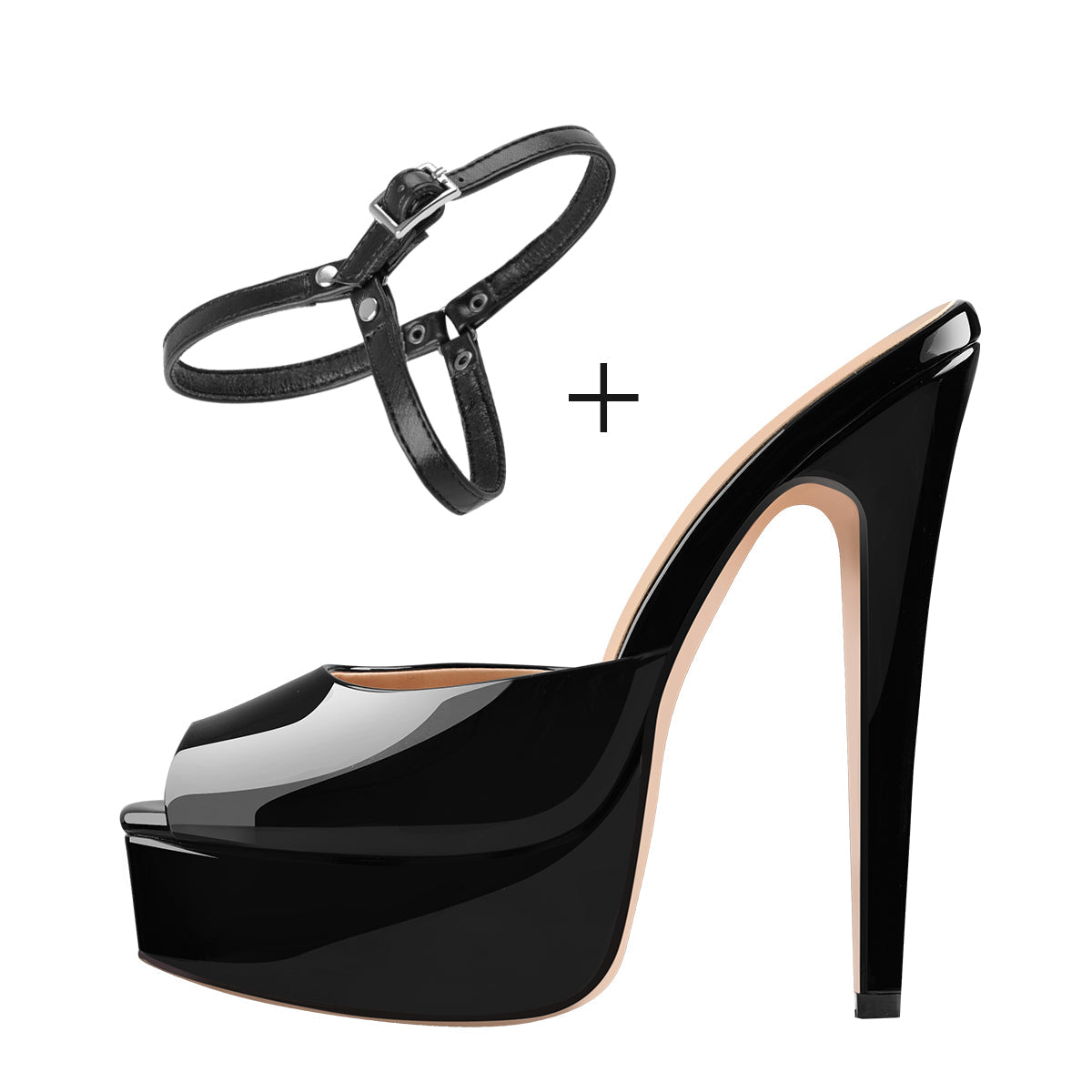Peep Toe Black Patent Leather Stiletto High Heel Mules Sandals | Onlymaker Best Seller
