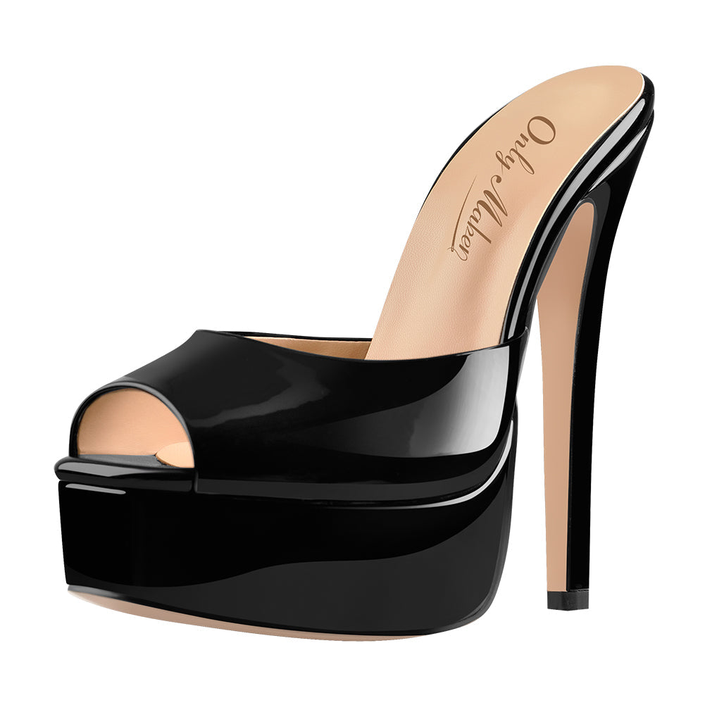 Peep Toe Black Patent Leather Stiletto High Heel Mules Sandals | Onlymaker Best Seller